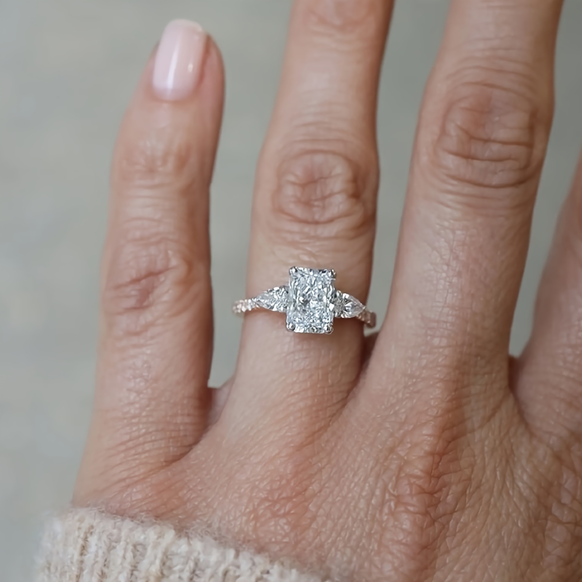 2ct Rectangular Moissanite Engagement Ring S925 Silvery with Pearlescent Edge